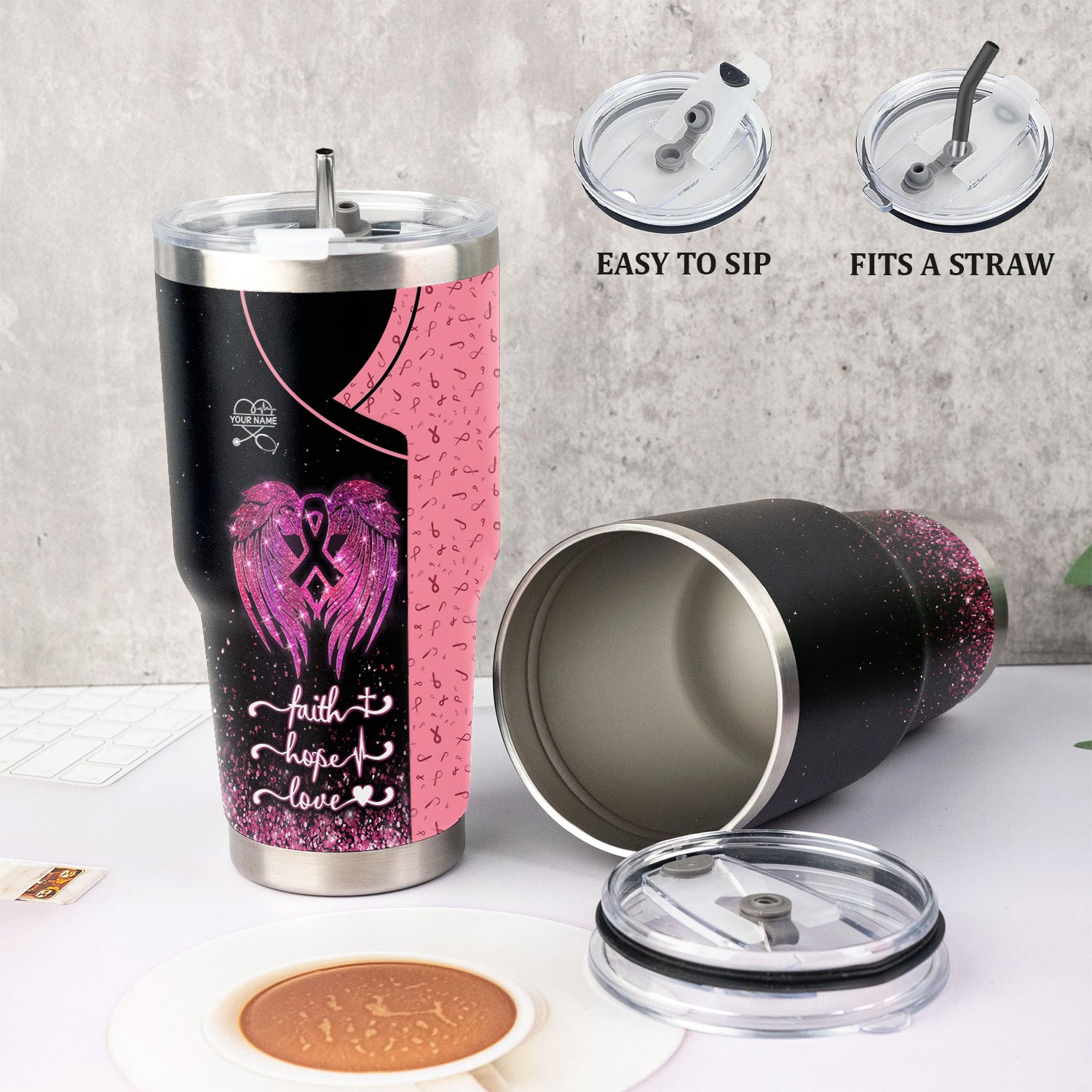 Custom Breast Cancer Awareness Tumbler - Faith Hope Love & Angel Wings - Gift for RN LPN CNA Women