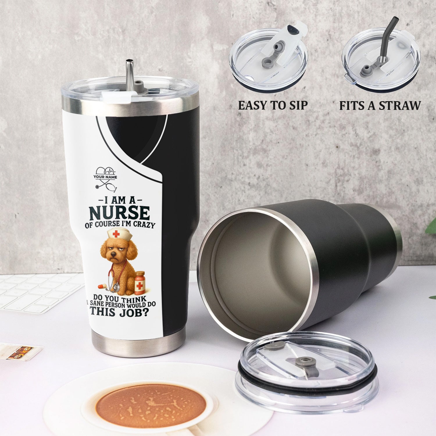 Funny Nurse Tumbler with Poodle - Personalized 20oz Stainless Steel Cup - Custom Name Humorous Gift for RN LPN CPN Dog Lover