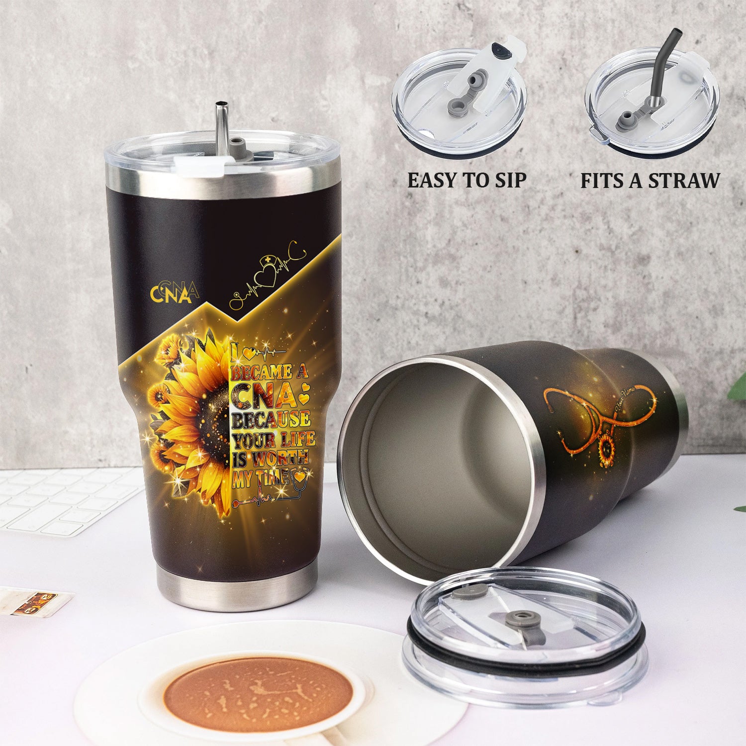 Personalized CNA Floral Tumbler - Stethoscope Sunflower Graphic Design - Gift for RN LPN CNA