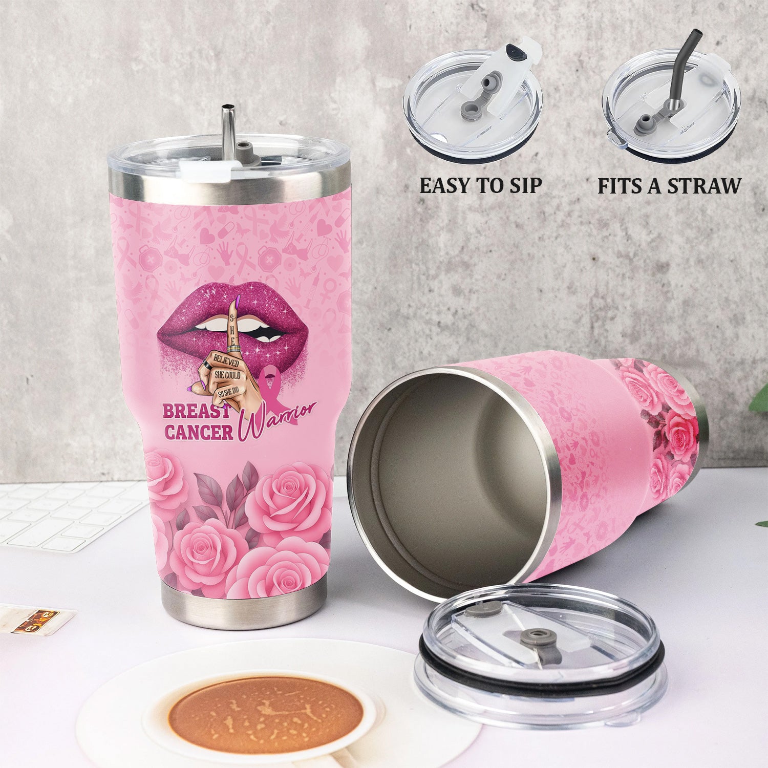 Personalized Breast Cancer Warrior Tumbler - She Believed She Could  Pink Ribbon Design - Gift for Women RN LPN CNA