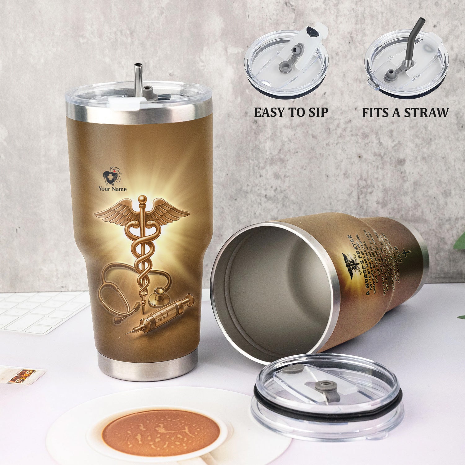 Personalized Christian Nurse Prayer Tumbler - A Nurse's Prayer & Caduceus Symbol - Gift for RN LPN CNA