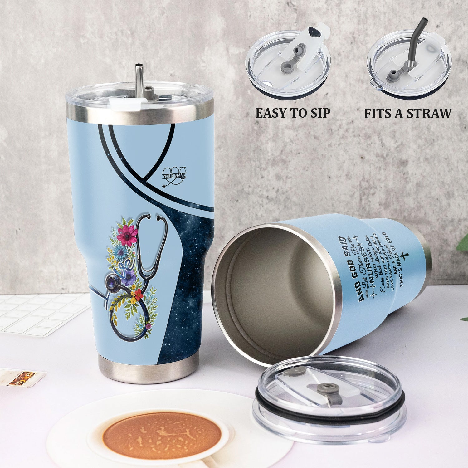 Personalized Nurse Tumbler with Floral Stethoscope Design - Let There Be Nurses Bible Verse - Custom Gift for RN, CNA, LPN & Healthcare Workers