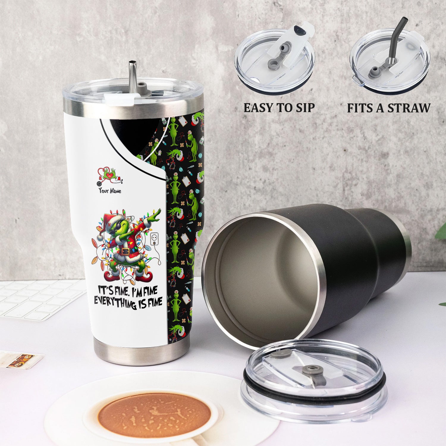 Funny Grinch Christmas Nurse Tumbler 20oz 30oz - Everything Is Fine Stainless Steel Cup - Gift for RN LPN CNA