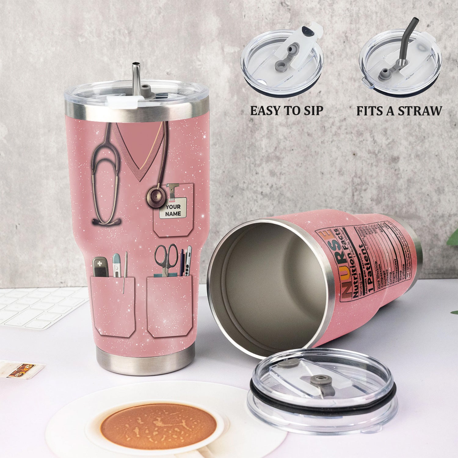Custom Name Nurse Nutrition Facts Tumbler - Funny Medical Worker Design with Stethoscope and Tools - Appreciation Gift for RN LPN CNA