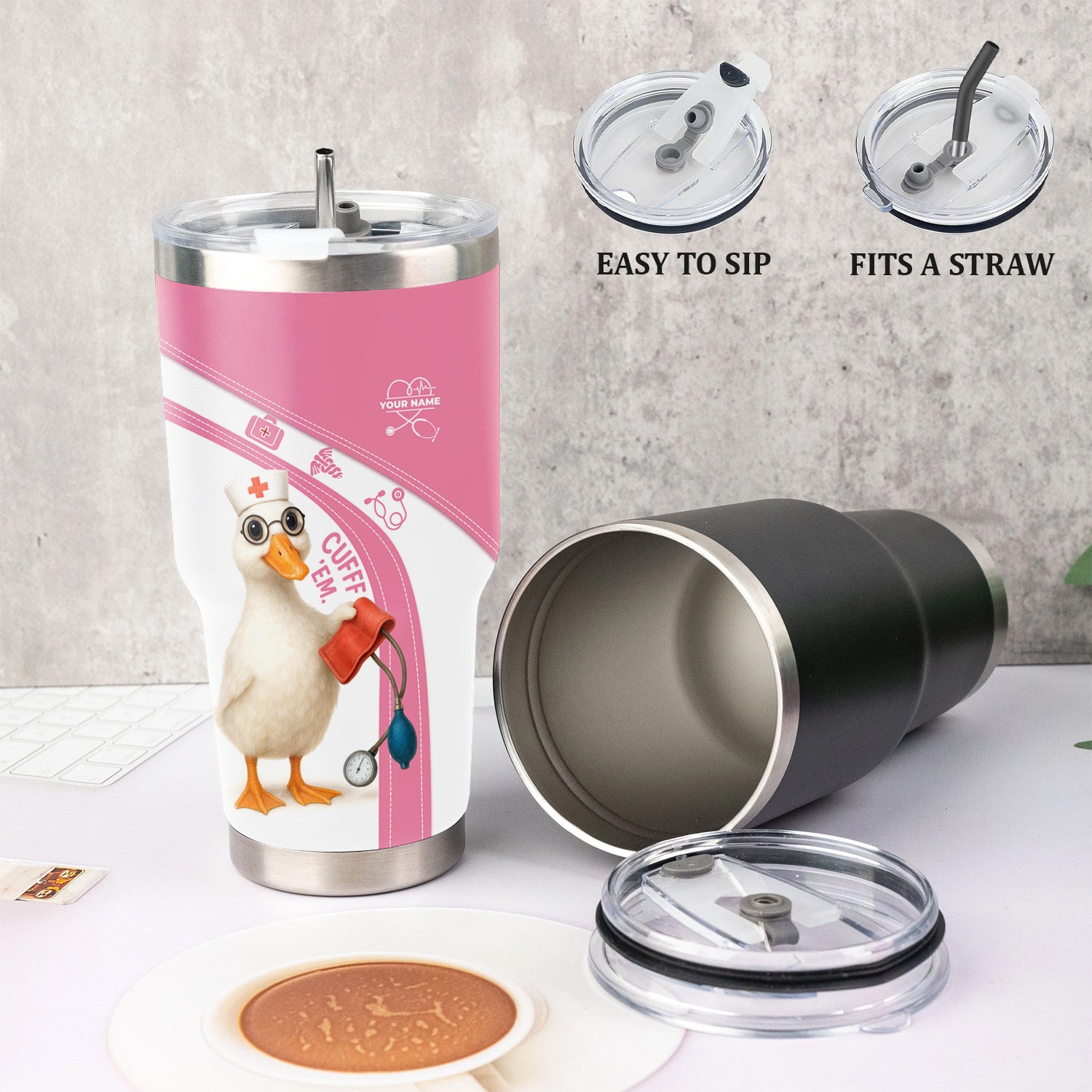 Funny Nurse Duck Tumbler for RN LPN CNA - Custom Name Cute Medical Duck Cartoon Design - Healthcare Workers Gift for Nursing Teams
