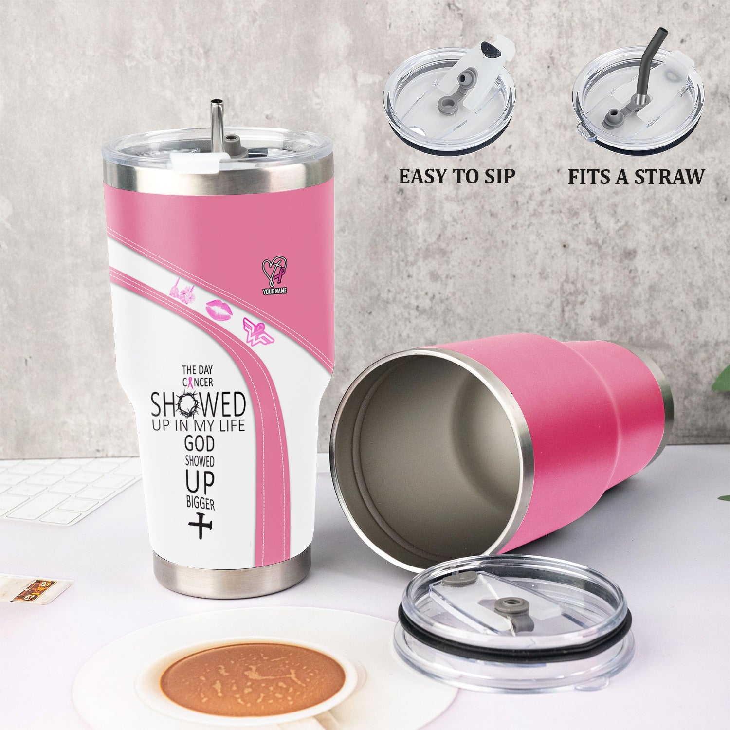 Custom Breast Cancer Awareness Tumbler - The Day Cancer Showed Up Faith Quote - Gift for Nurse RN LPN CNA