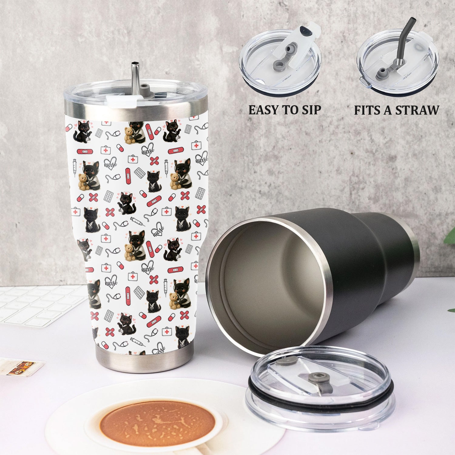 Funny Cat Lover Nurse Tumbler - Personalized RN CNA LPN Gift - Cute Medical Pattern with Black Kittens