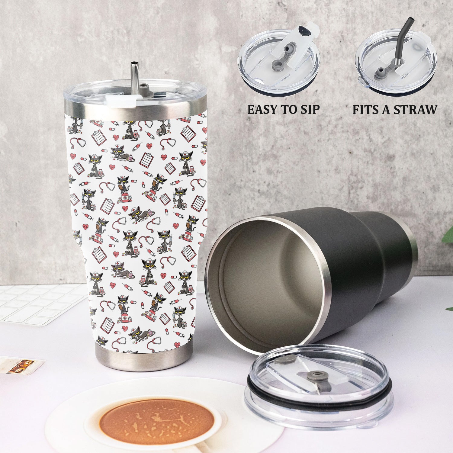 Funny Nurse Tumbler with Black Cat - Personalized 20oz Stainless Steel Cup - Gift for RN, CNA, LPN, Medical Staff