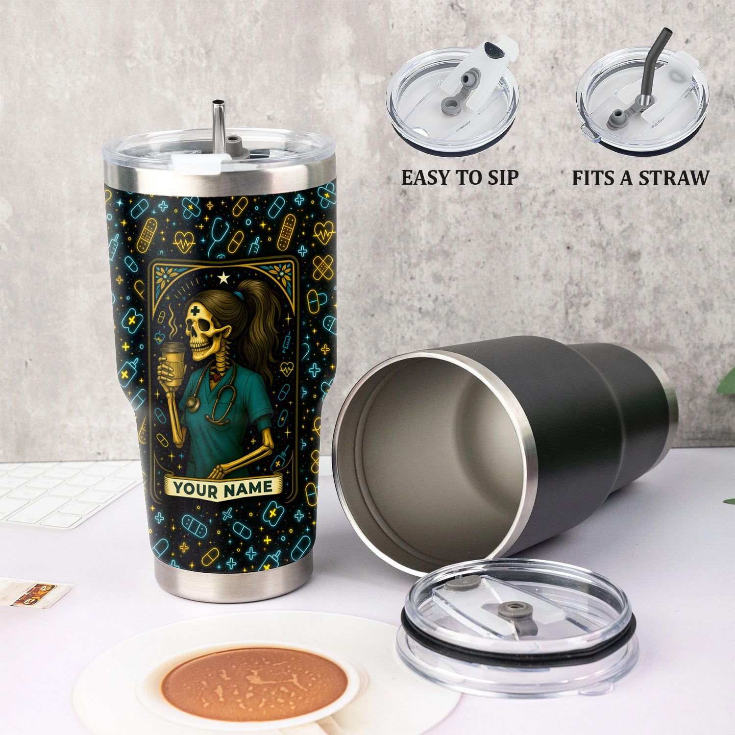 Funny Skeleton Nurse Tumbler - Personalized Coffee Cup for RN CNA LPN - Halloween Neon Design with Custom Name