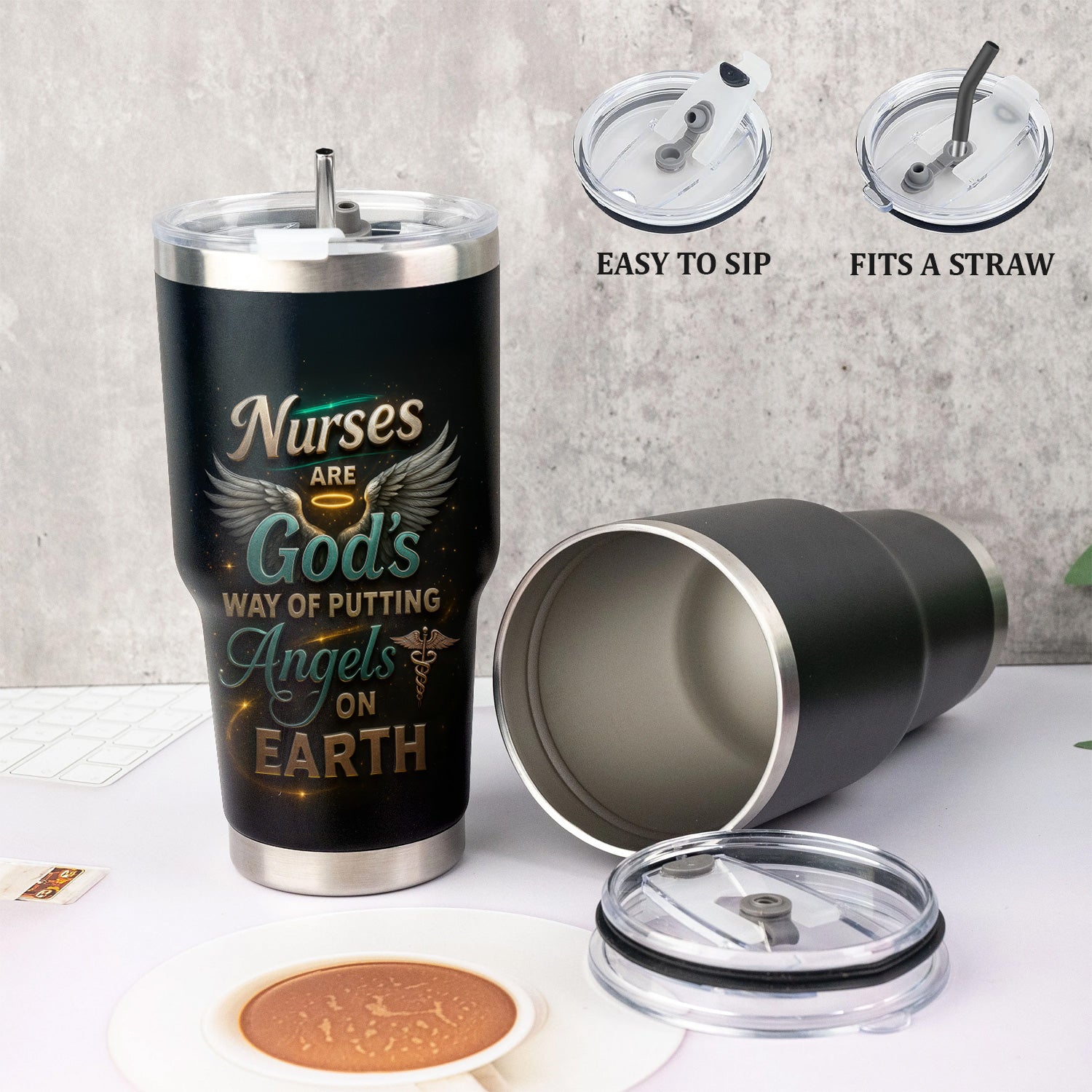Personalized Religious Nurse Tumbler - Angel Wings & Halo Medical Design - Christian Gift for RN, CNA, Healthcare Worker