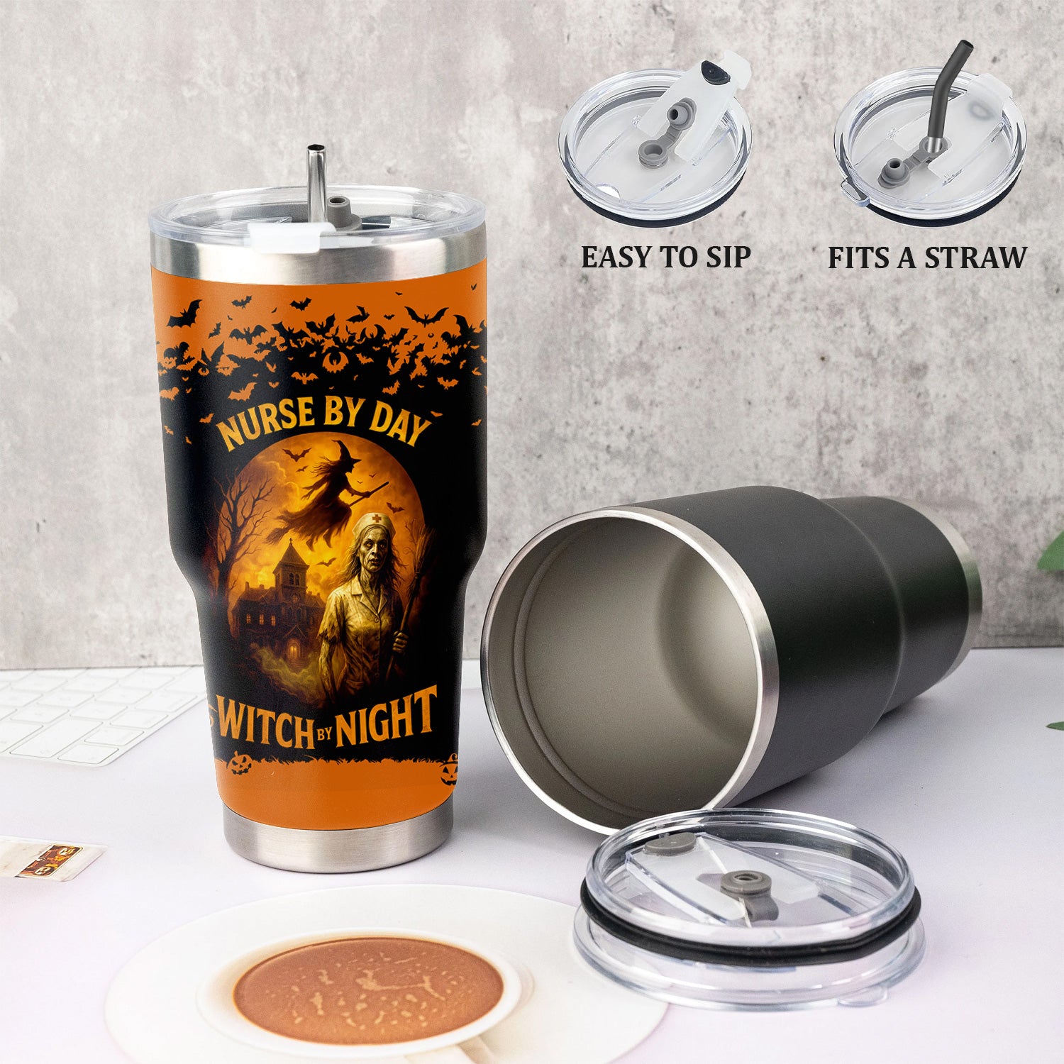 Halloween Nursing Travel Tumbler for CPN LPN RN - Scary Witch Nurse By Day Night Design - Gift for Healthcare Workers Medical Staff