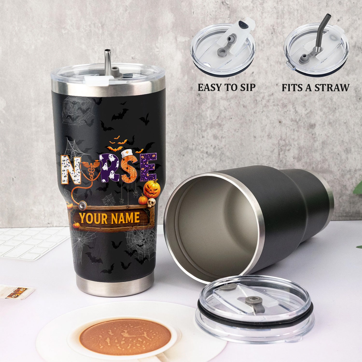 Funny Halloween Nurse Tumbler - Personalized Name & Stethoscope Design - Spooky 'Nurse' with Pumpkins and Bats - Ideal for RN, CNA, LPN Healthcare Workers
