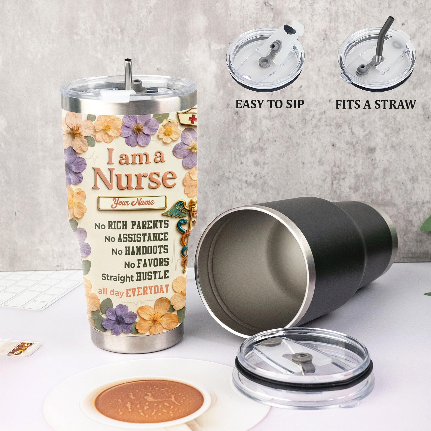 Personalized Nurse Life Tumbler For Her - Funny Hustle Quote for RN LPN CNA - Cute Floral & Nutrition Facts Design