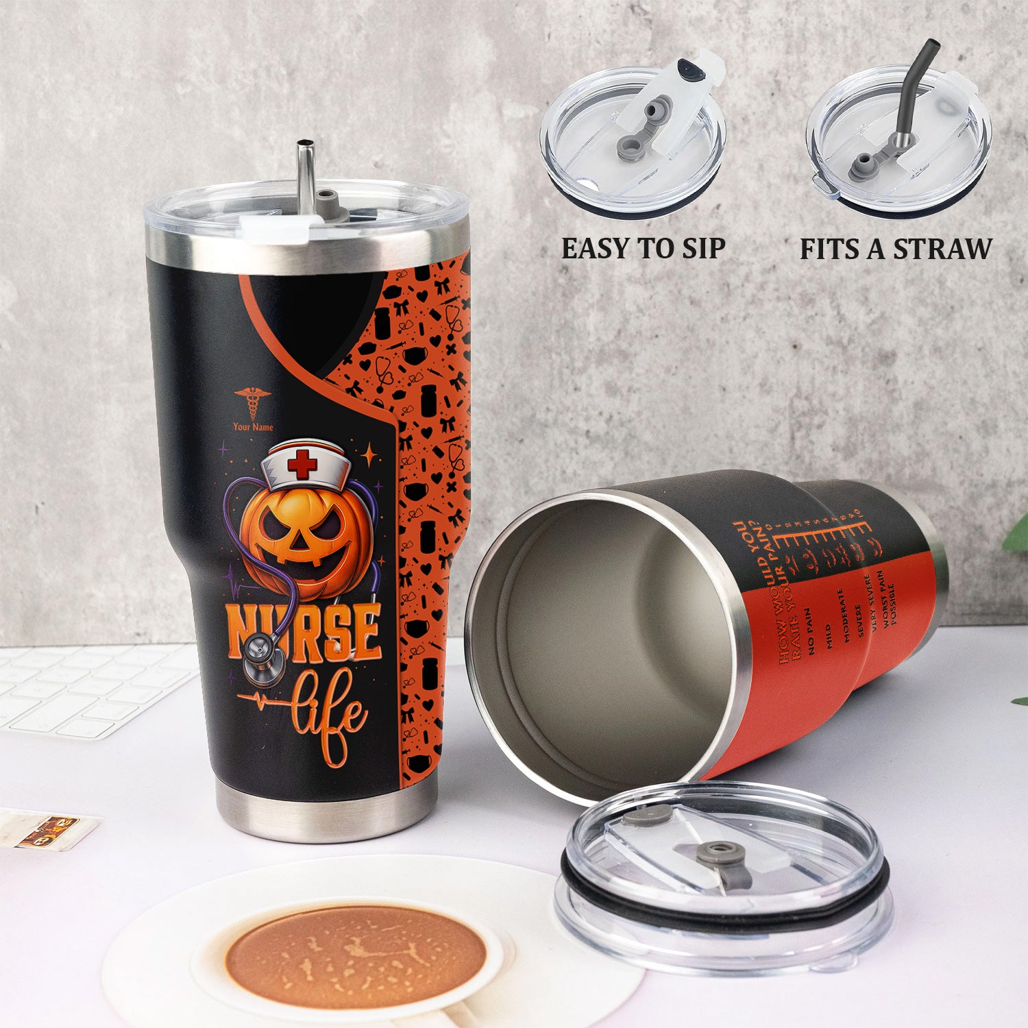 Custom Halloween Nurse Tumbler - Funny Pumpkin Pain Scale Medical Design - Gift for RN, CNA, LPN Healthcare Worker