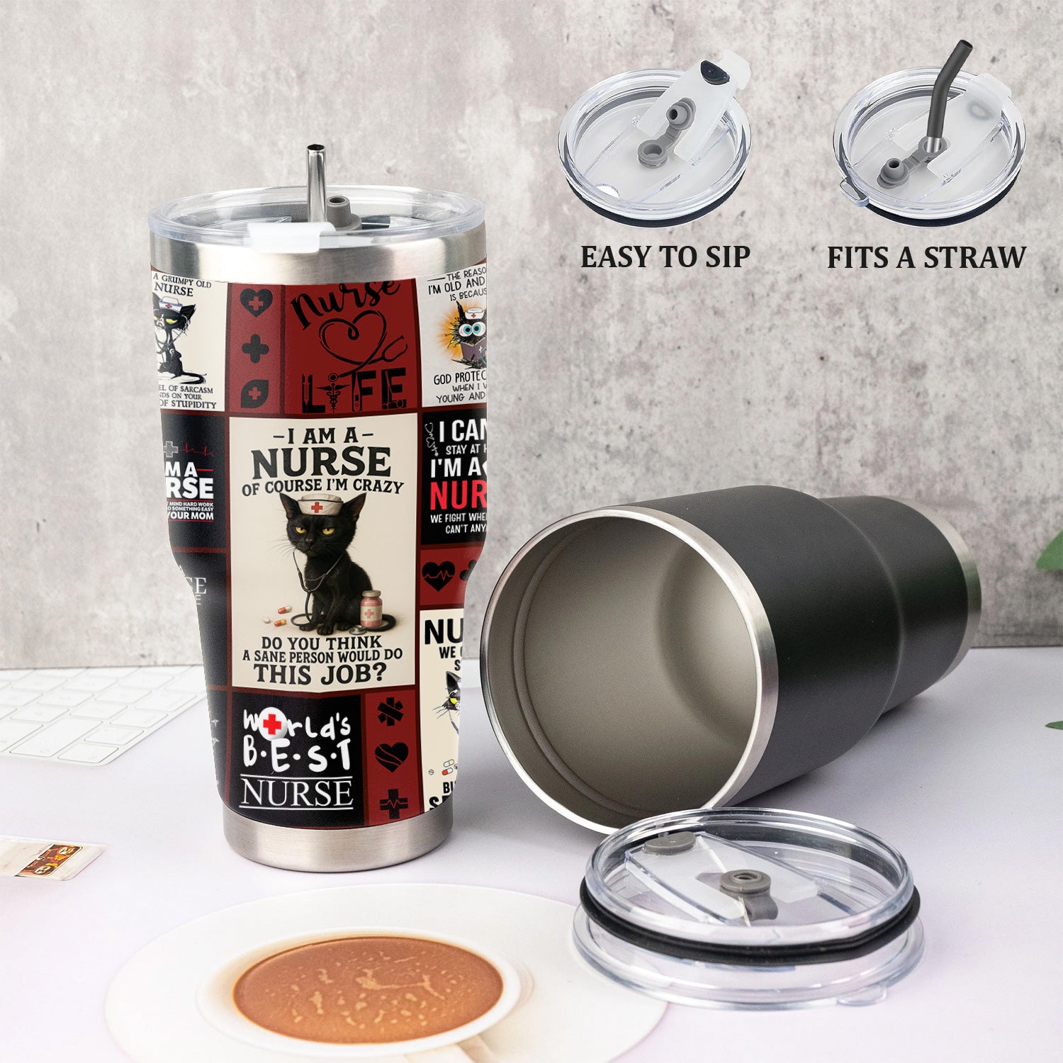 Custom Nurse Tumbler - World's Best Nurse & Funny Cat Design - Personalized Gift for Healthcare Workers, RN, LPN