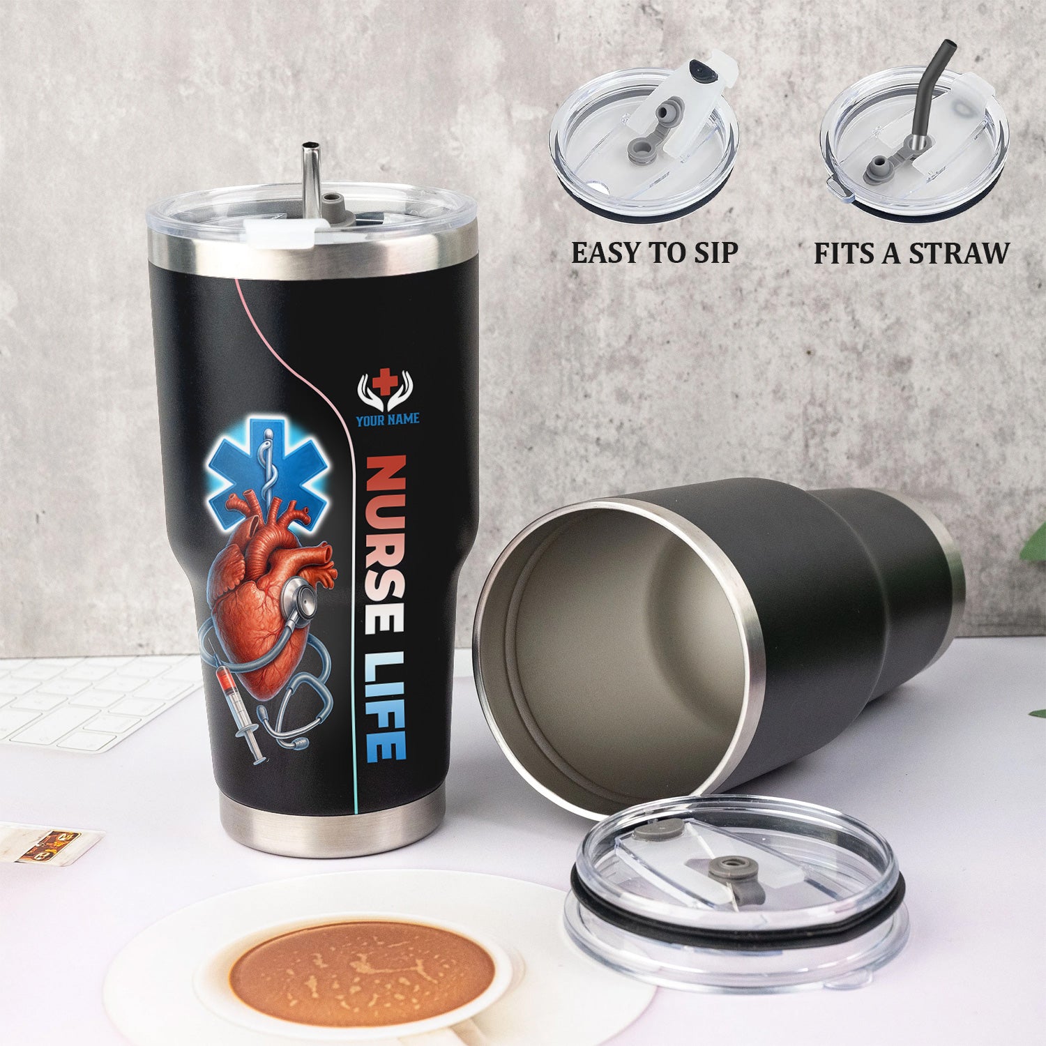 Custom Name Nurse Tumbler - Realistic Heart with Syringe & Caduceus Symbol - Medical Gift for Healthcare Worker