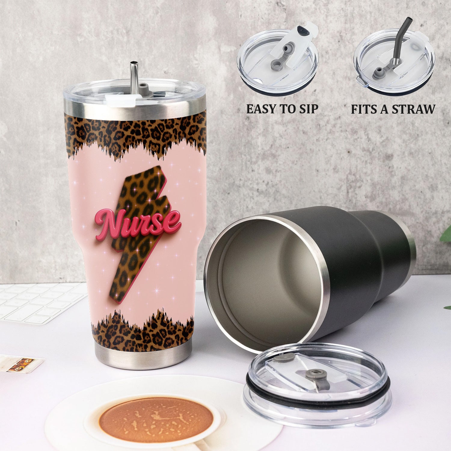 Personalized Leopard Nurse Tumbler - Cute Stethoscope & Heart Bow Design - Custom Tumbler for RN CNA LPN Healthcare Professionals