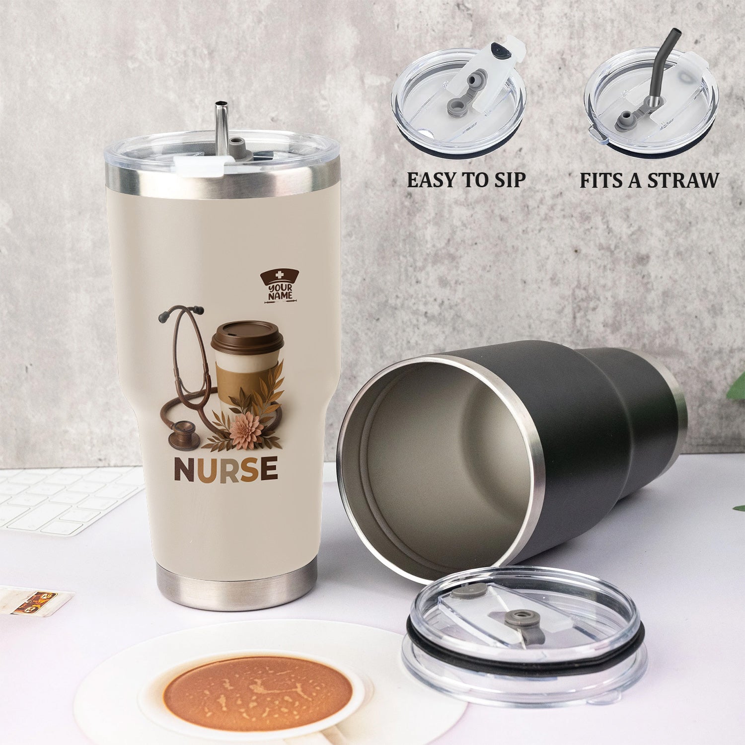 Personalized Nurse Coffee Tumbler - Stethoscope Floral Beige Design - Gift for RN LPN CNA Women