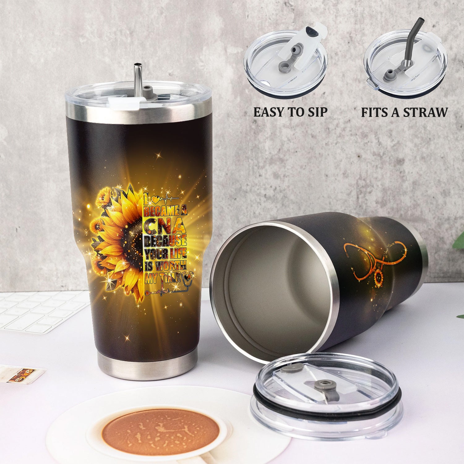 Custom CNA Floral Tumbler - Stethoscope Sunflower Graphic Design - Gift for RN LPN Healthcare Workers