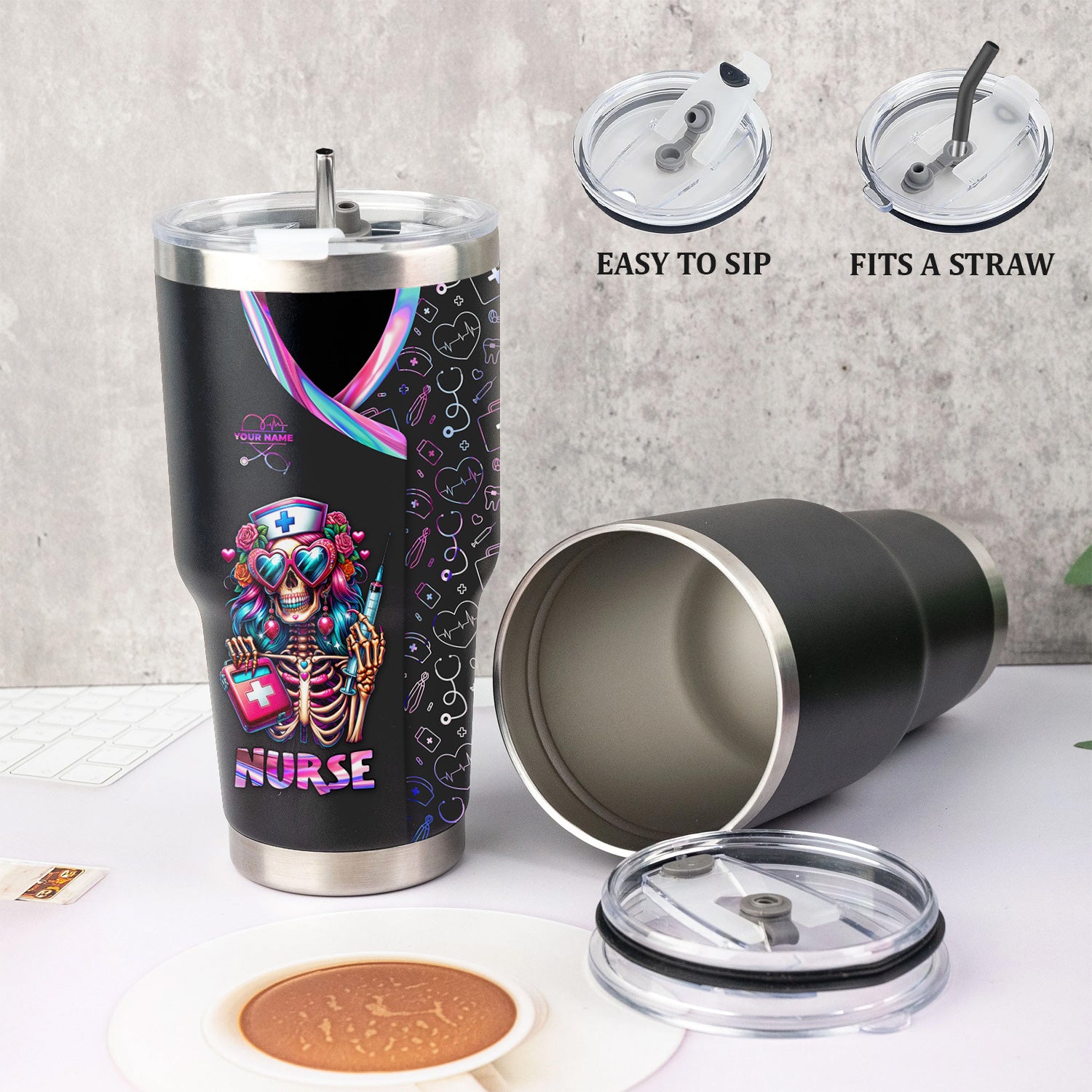 Custom Funny Skeleton Nurse Tumbler - Neon Skull with Heart Glasses & Syringe Design - Personalized Gift for RN LPN CNA