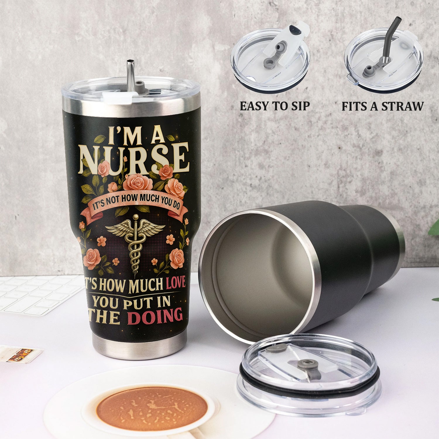 Personalized Healthcare Workers Tumbler for Nurses RN LPN CNA - Flower Medical Nursing Design with Stethoscope Caduceus - Appreciation Gift for Hospital Staff