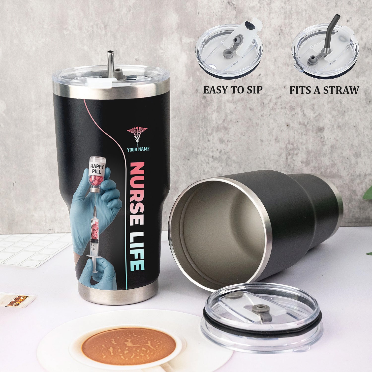 Personalized Nurse Tumbler with Name - Funny Happy Pill Design - Stainless Steel Insulated Cup - Gift for RN CNA LPN Women
