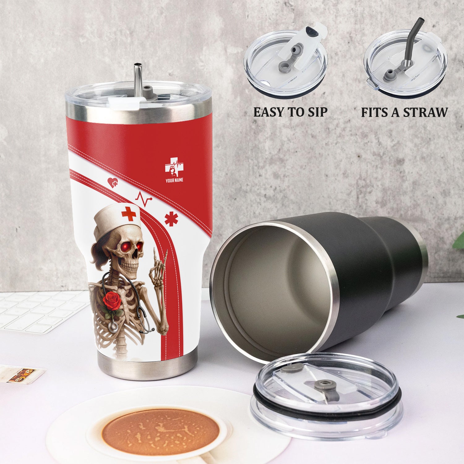 Red and White Skeleton Nurse Life Tumbler - Funny Custom Name Gift for RN LPN CNA - Dark Humor Stainless Cup for Healthcare Workers