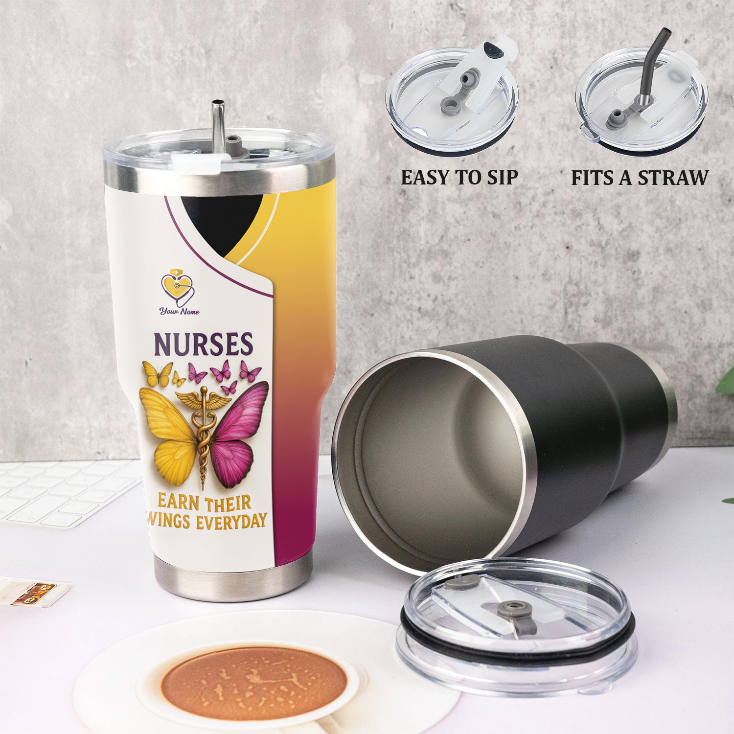 Personalized Nurse Tumbler - Butterfly Wings Everyday Design - Custom Name Gift for RN LPN CNA Women Healthcare Workers