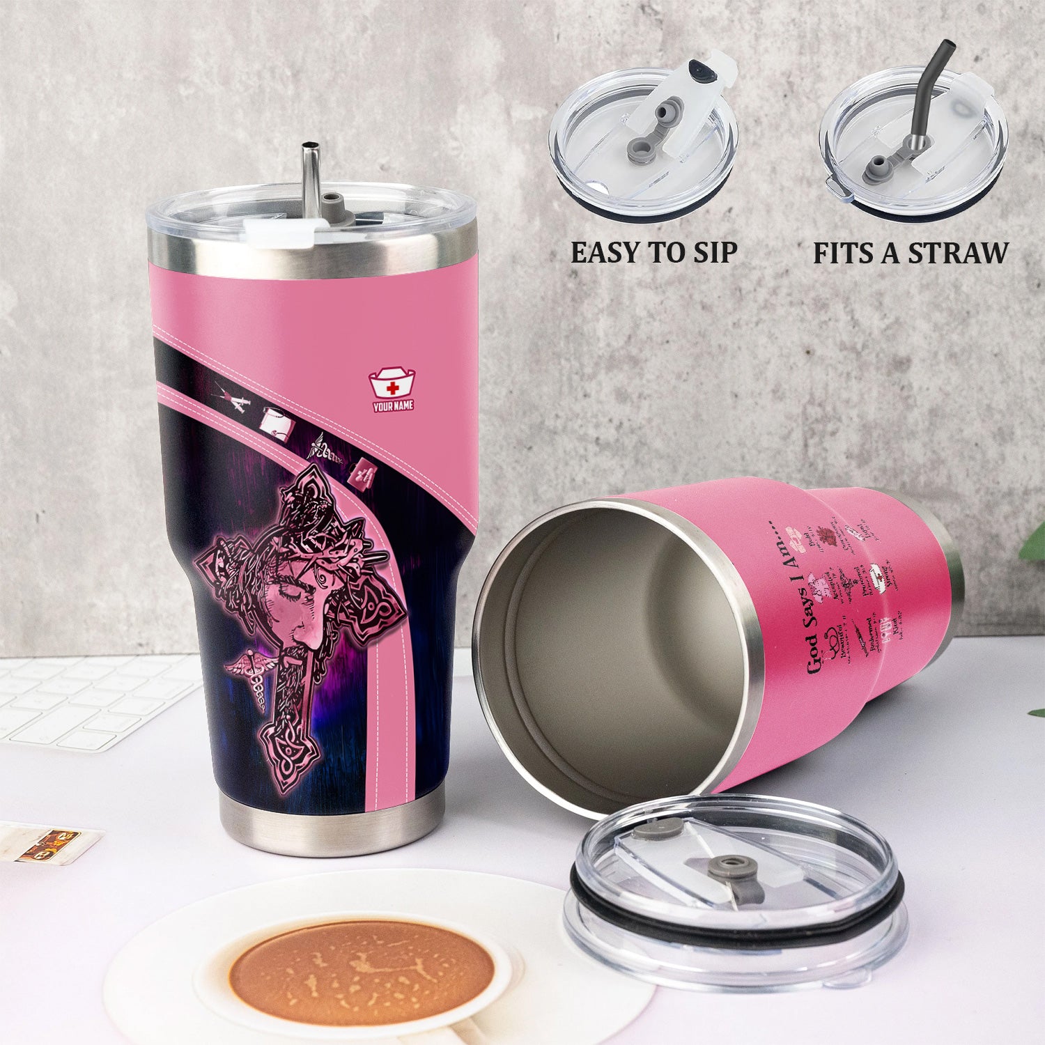 Custom Nurse Faith Tumbler - God Says I Am Bible Verses Design - Gift for RN LPN Healthcare Workers