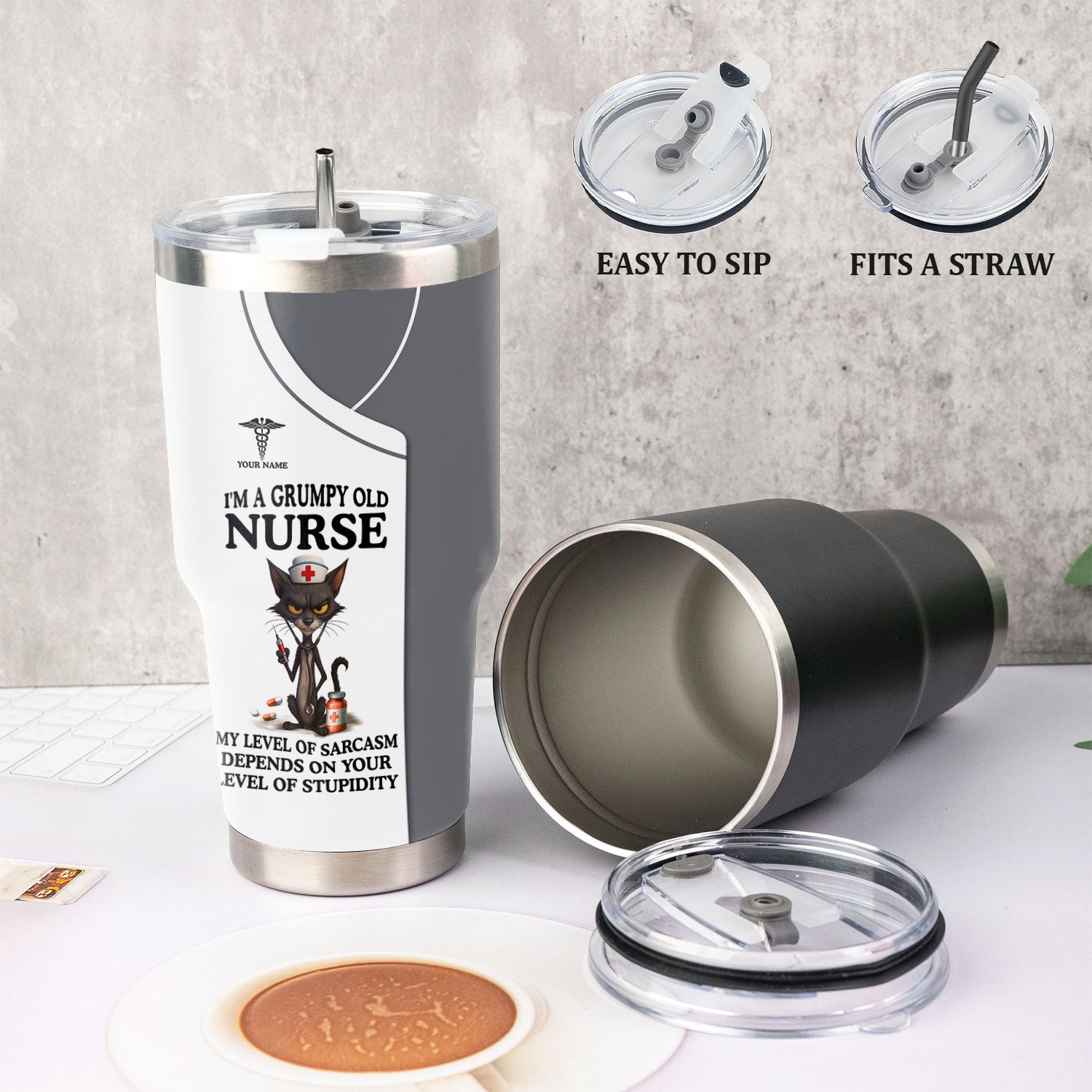 Personalized Grumpy Old Nurse Travel Tumbler - Angry Cat Sarcasm Quote for RN LPN CNA - Funny Gift for Nursing Team & Medical Professionals