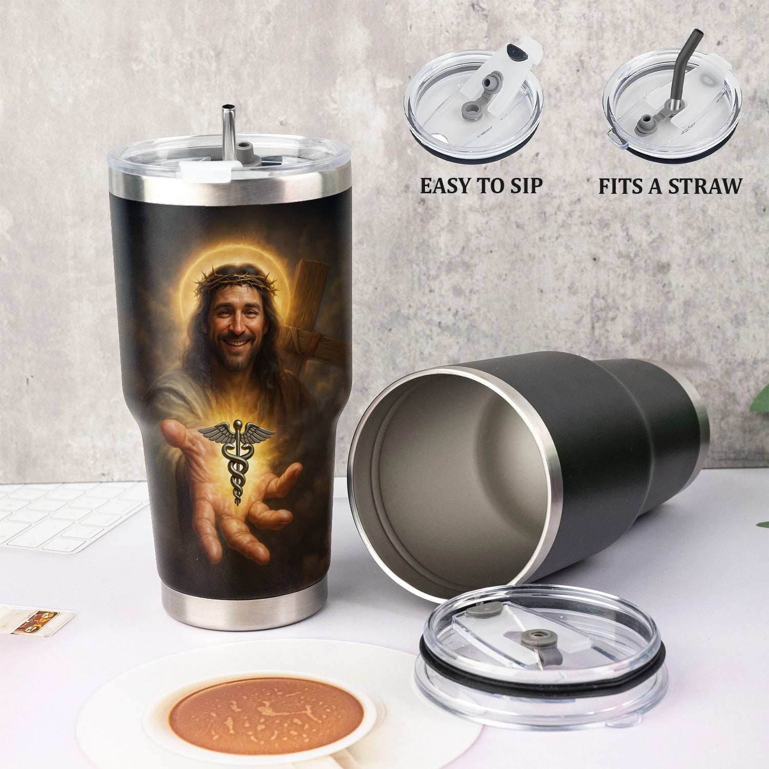 Personalized Religious Nurse Tumbler with Jesus and Caduceus Symbol - Jesus Saves Inspirational Christian Quote - Gift for RN CNA LPN