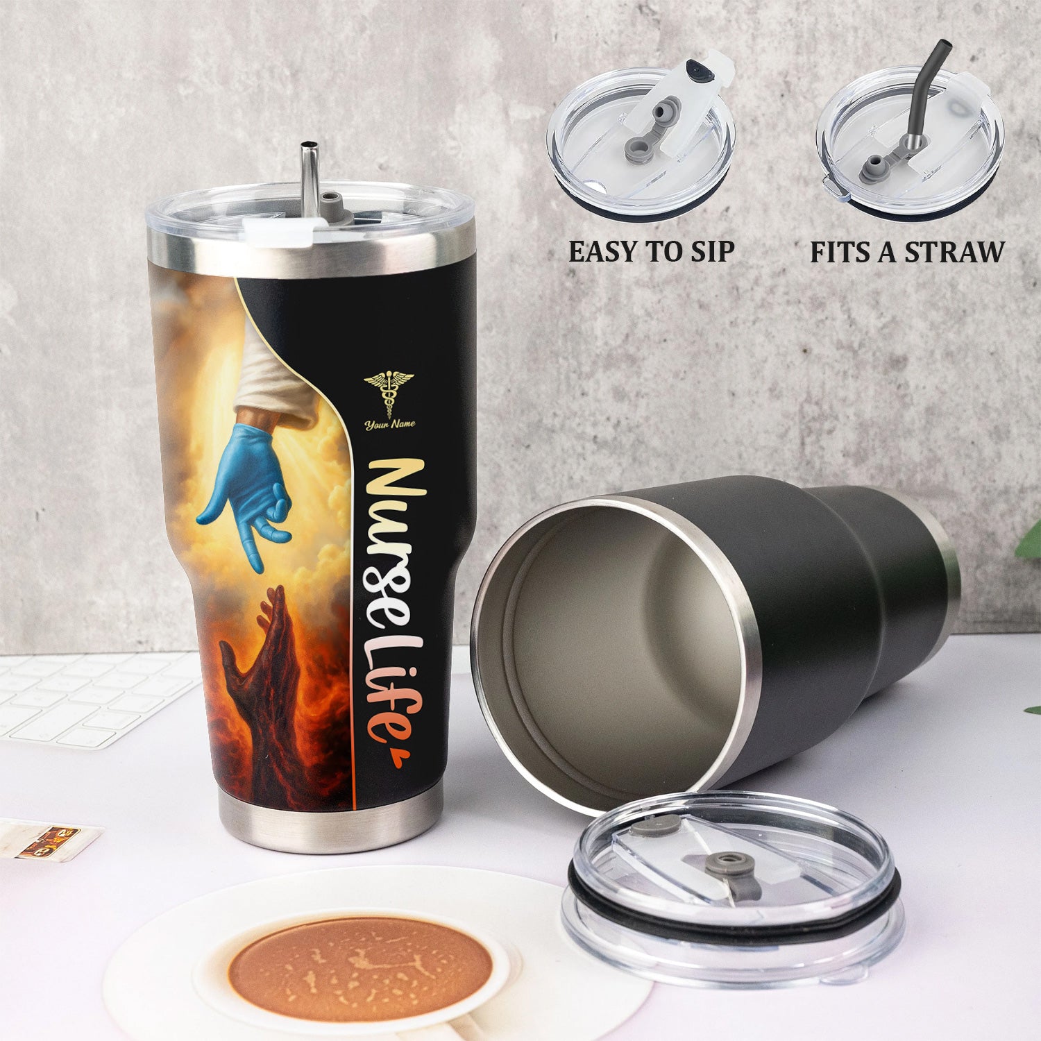 Christian Nurse Stainless Tumbler with Name - God’s Hand Reaching Design - Inspirational Gift for Faithful RN LPN CNA Women in Healthcare