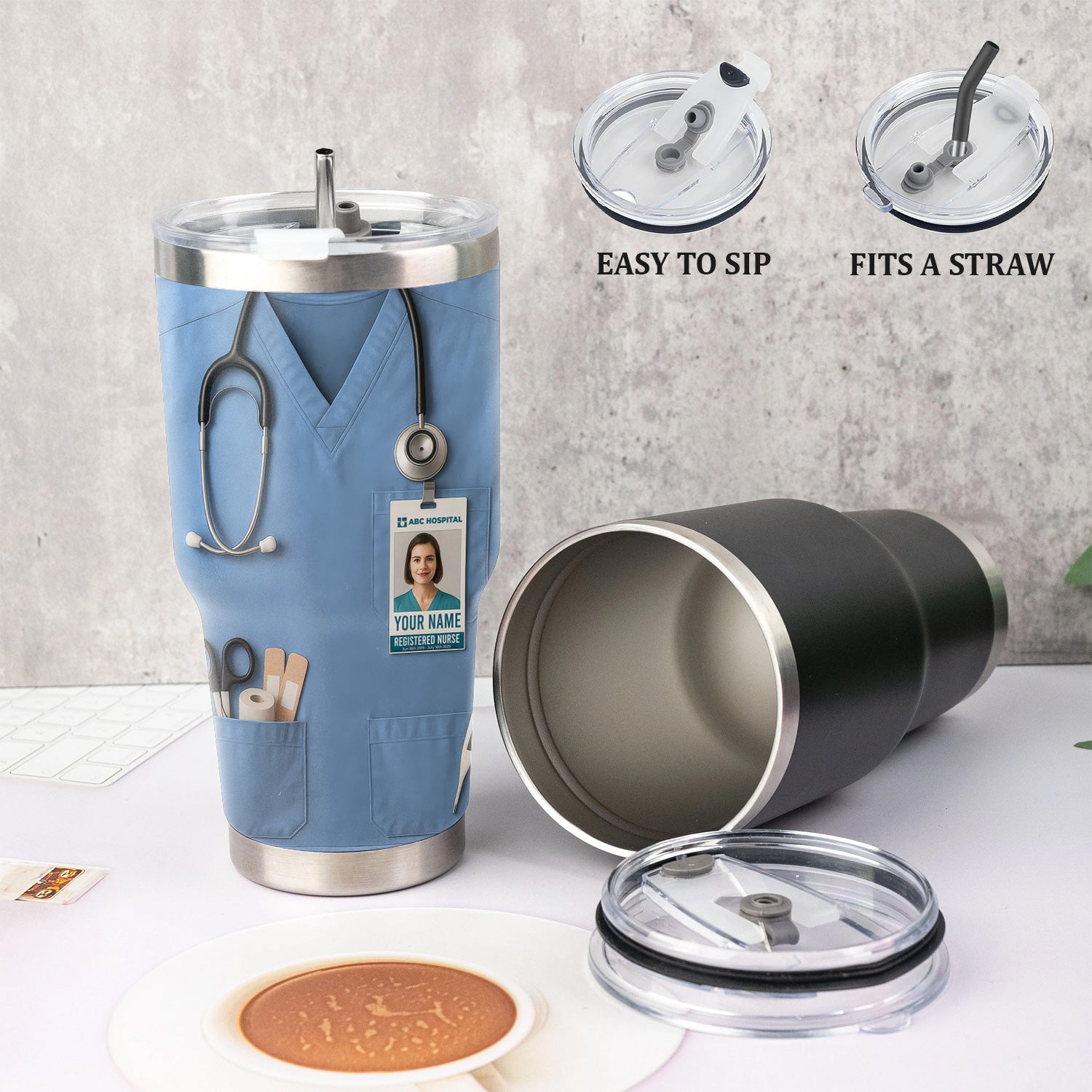 Custom Nurse Tumbler - Stethoscope & Hospital ID Badge Design - Personalized Gift with Custom Text & Photo for RN CNA LPN Healthcare Workers