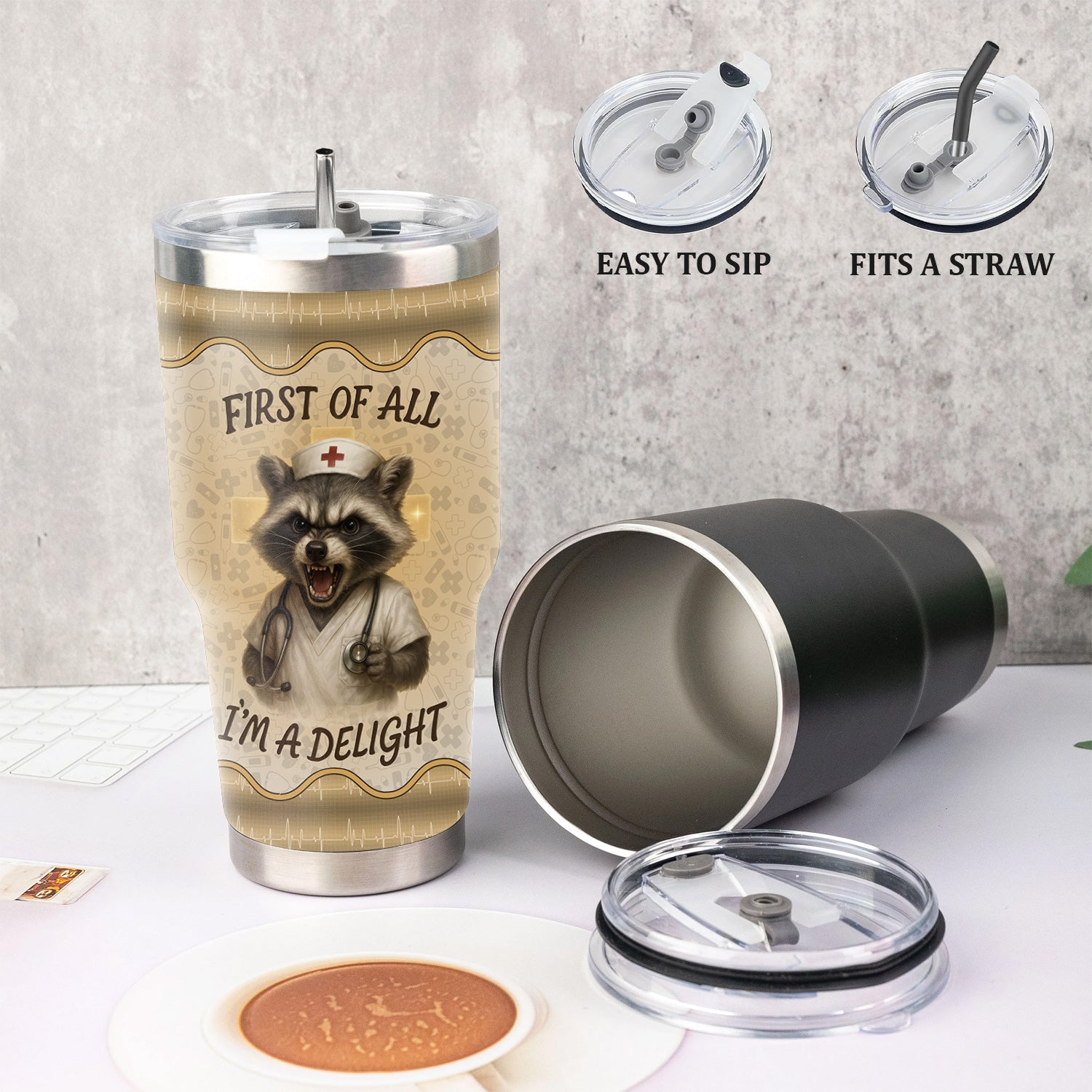 Funny Nurse Tumbler - First Of All I'm A Delight - Personalized Raccoon Mug with Name - Gift for RN CNA LPN Women - Stainless Steel Travel Cup