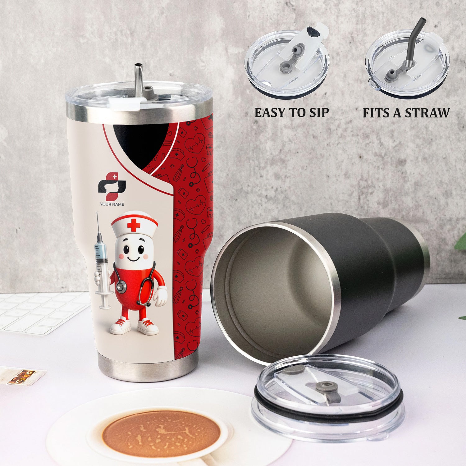 Funny Personalized Nurse Tumbler - Cartoon Pill Design Stainless Steel Travel Mug - RN CNA Healthcare Gift Multiple Color Options