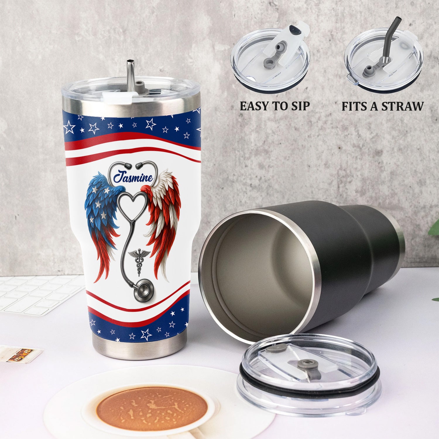Personalized Nurse Tumbler - American Flag Angel Wings Stethoscope - The Wings Came With The Scrubs Gift