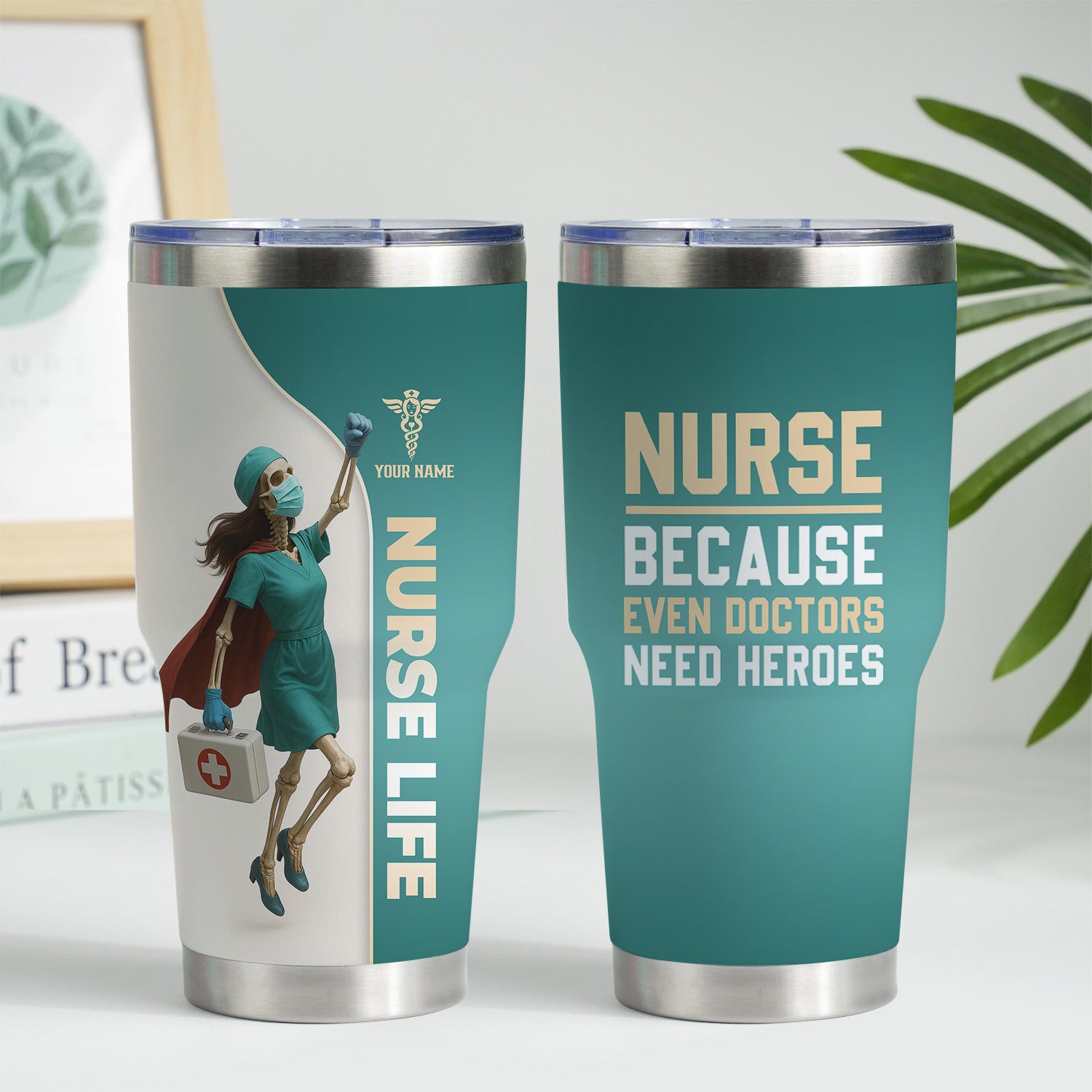 Nurse Superhero Tumbler - Personalized Skeleton Nurse Travel Mug - Custom Gift for RN, LPN, CNA