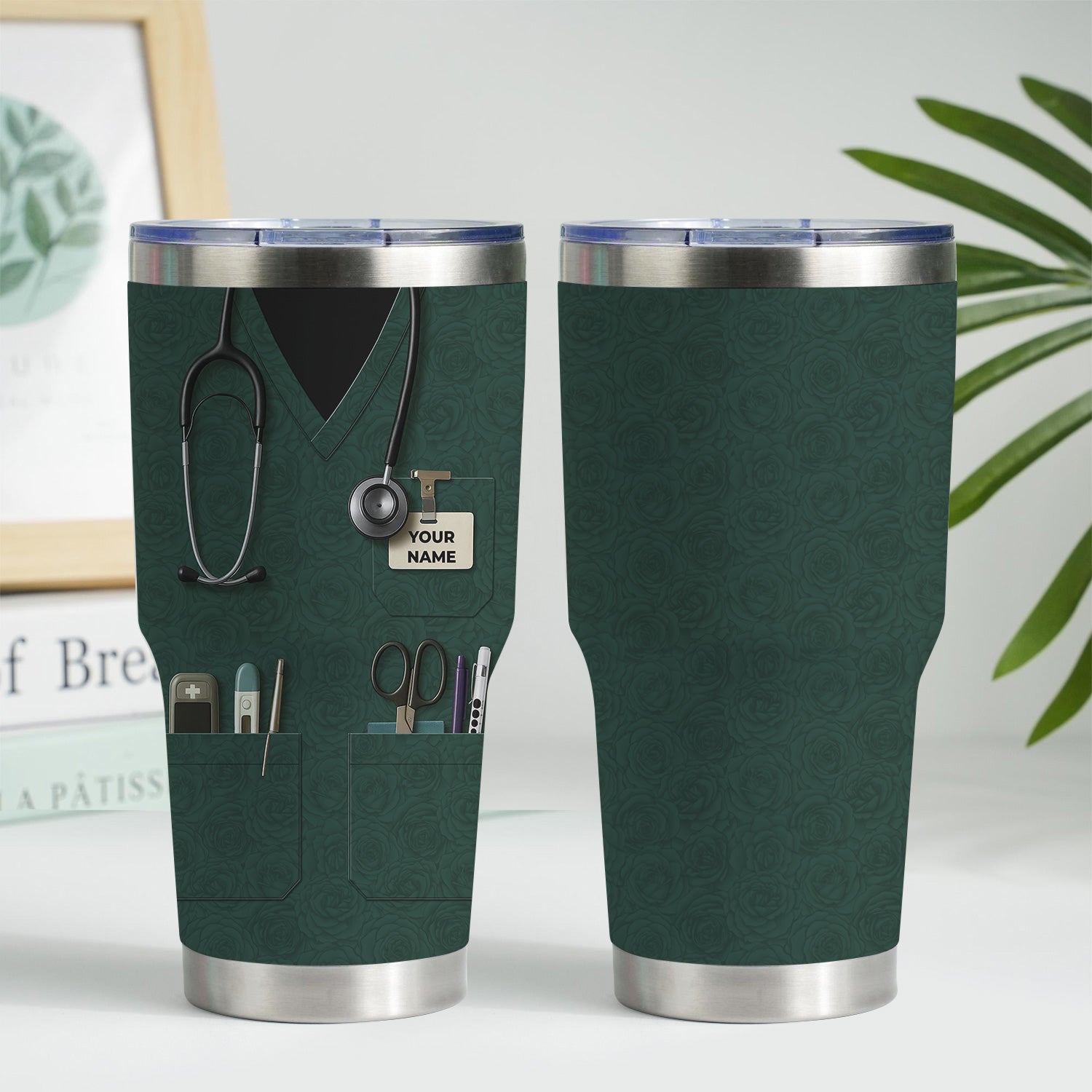 Custom Nurse Tumbler with Name - Green Scrubs Travel Mug with Medical Tools - Gift for RN CNA LPN Nursing Student