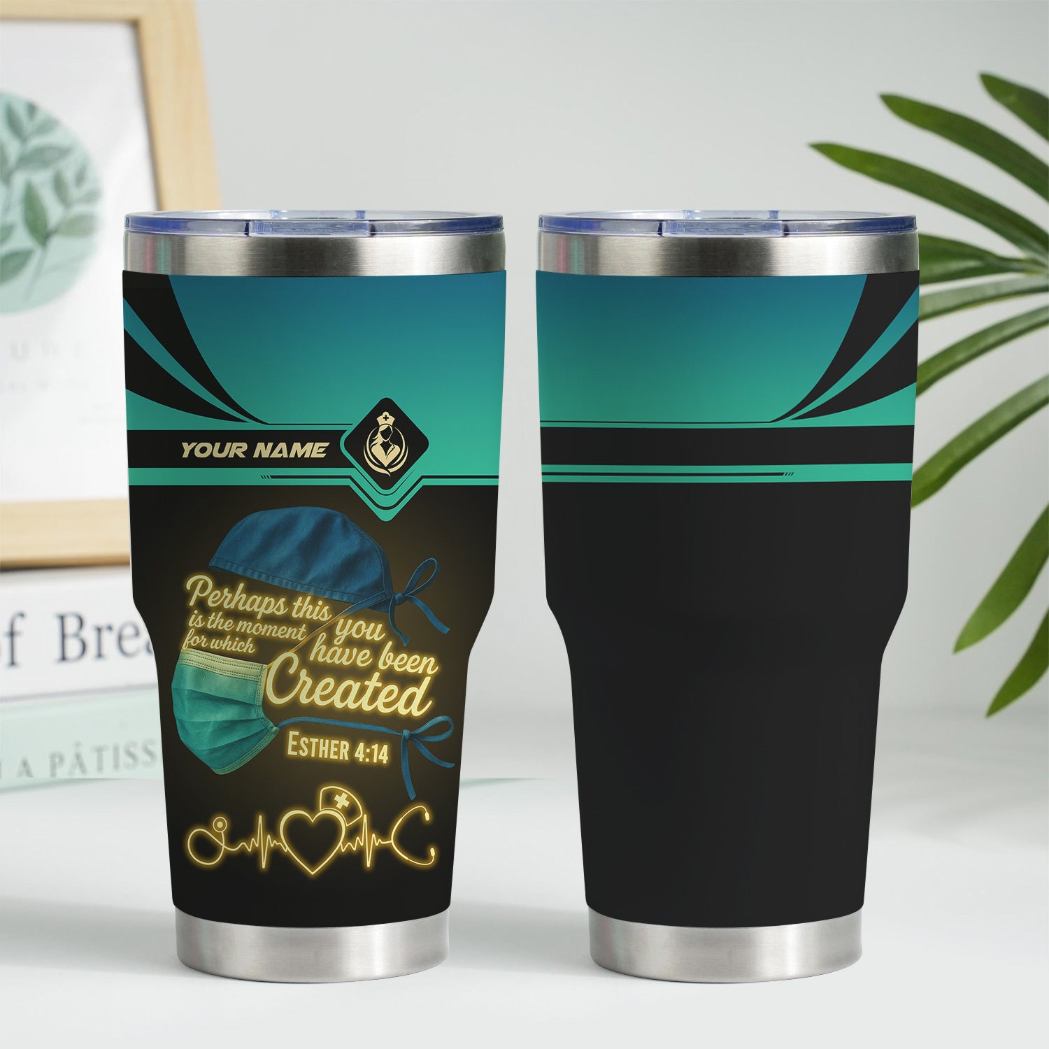 Custom Nurse Tumbler with Mask & Scripture - Perhaps You Were Created for This Moment - RN LPN CNA Gift