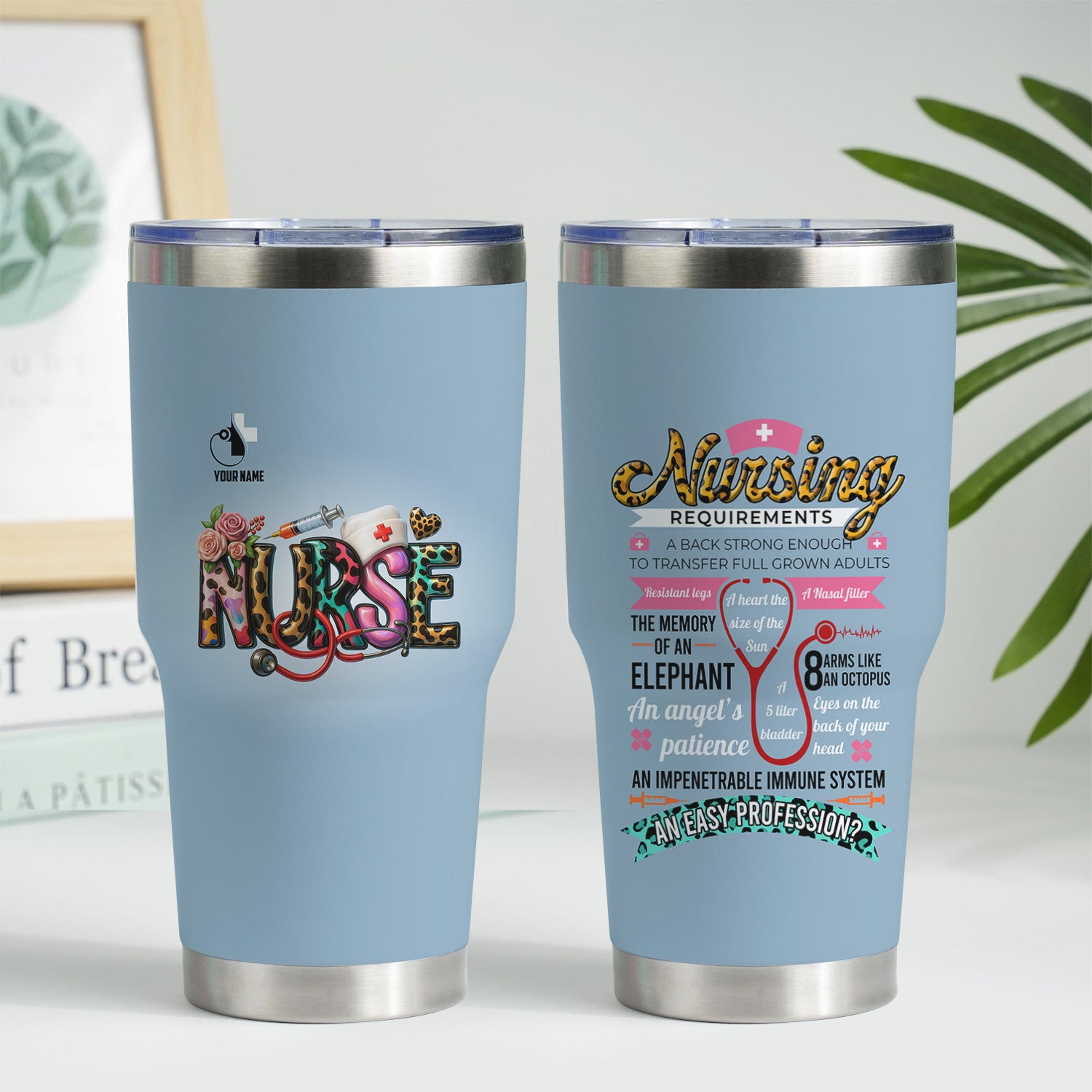 Custom Name Nurse Tumbler - Cute Leopard Lettering and Stethoscope Design - Gift for Registered Nurses CNA RN LPN - Stainless Steel Travel Mug for Healthcare Heroes