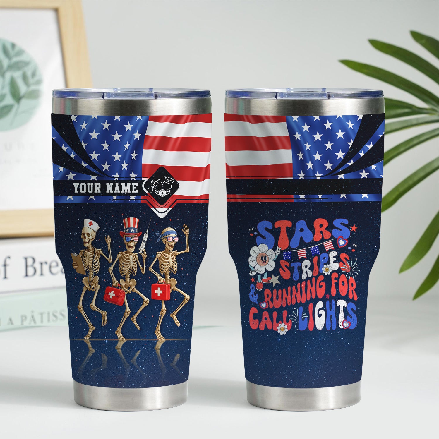 Personalized Skeleton Nurse Tumbler - 4th of July USA Flag Design - Funny Gift for RN LPN CNA Healthcare Workers