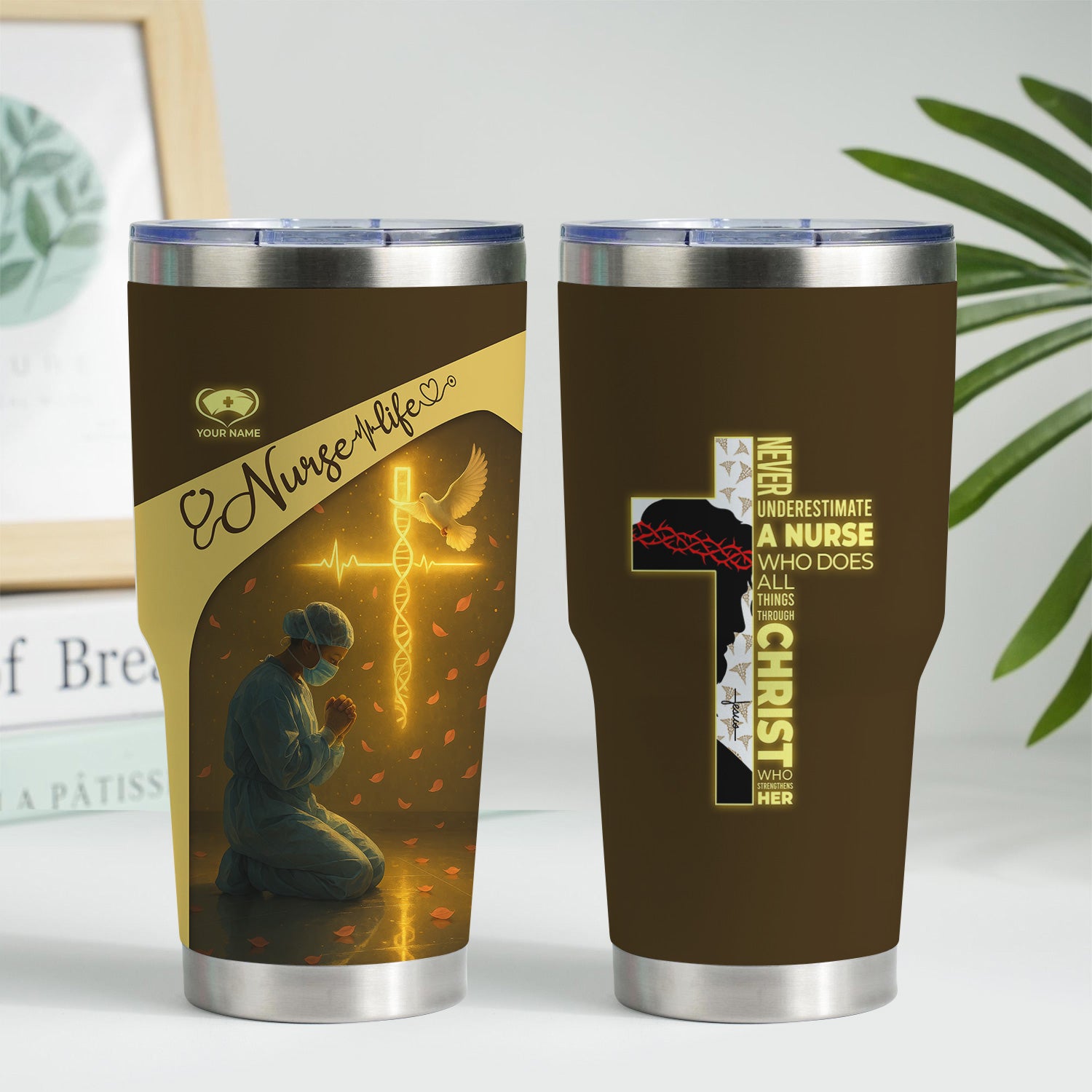 Christian Nurse Tumbler for RN LPN CNA - Personalized Prayer Design with Dove and Cross - Inspirational Gift for Women in Healthcare