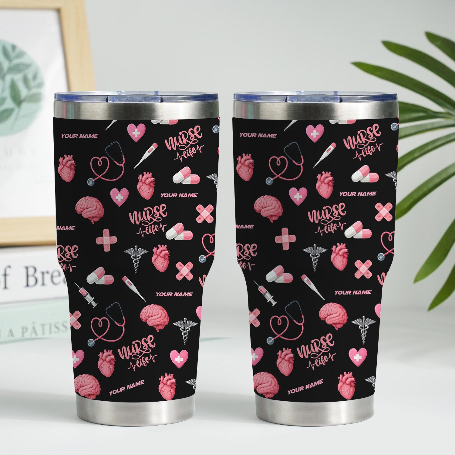 Custom Nurse Tumbler for Women - Nurse Life Design with Brain Heart Pill Graphics - Personalized Gift Idea for RN CNA LPN Healthcare Workers