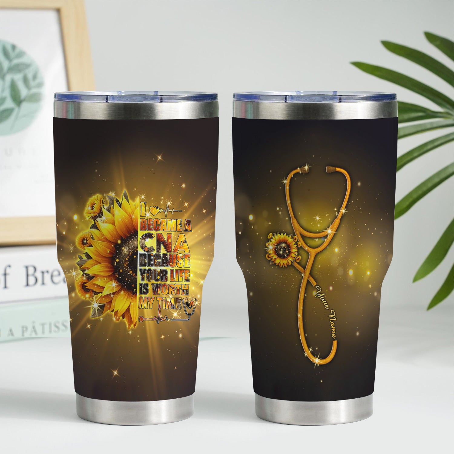 Custom CNA Floral Tumbler - Stethoscope Sunflower Graphic Design - Gift for RN LPN Healthcare Workers