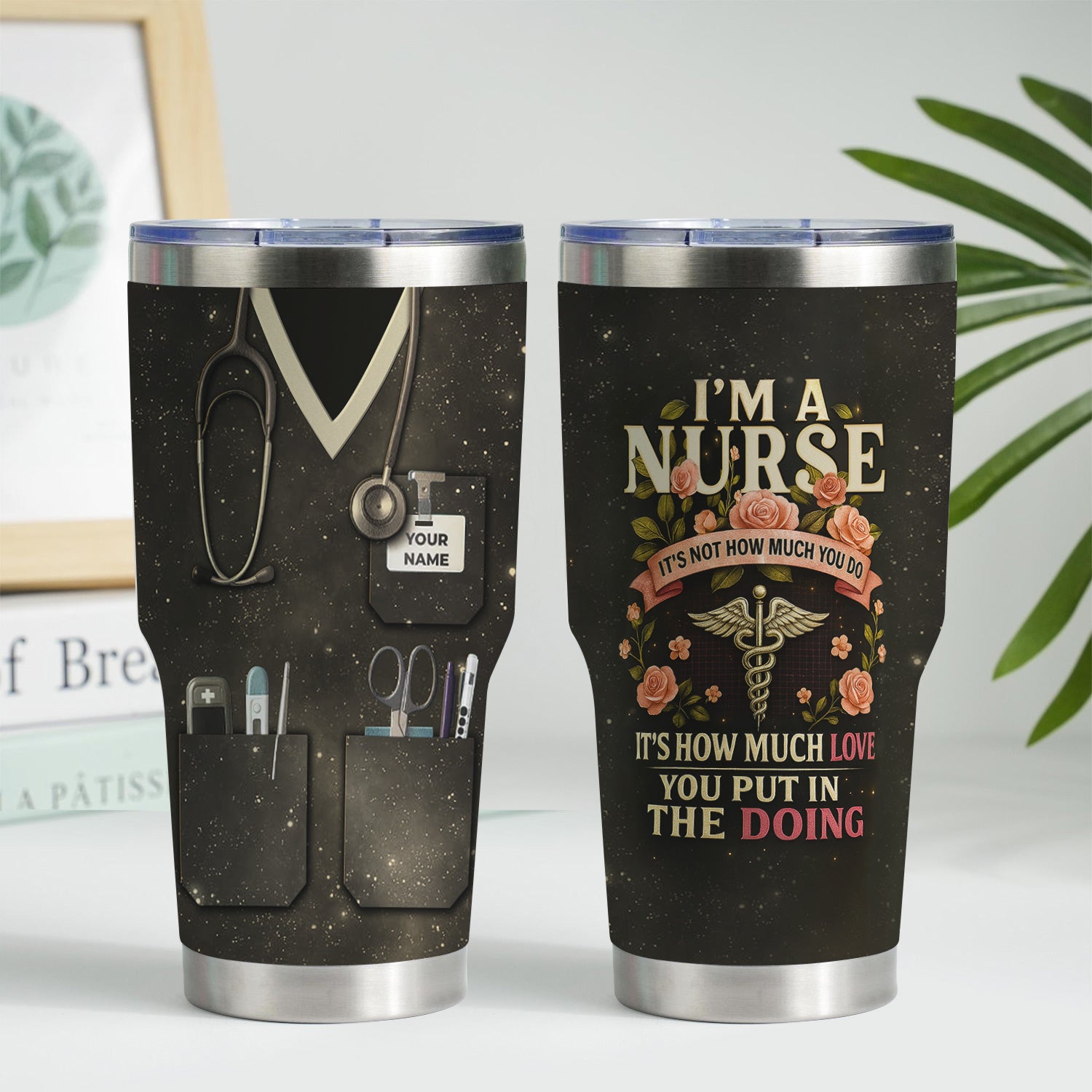 Personalized Nurse Tumbler - Floral Caduceus Design with Custom Name - Inspirational Gift for Medical Staff RN LPN CNA