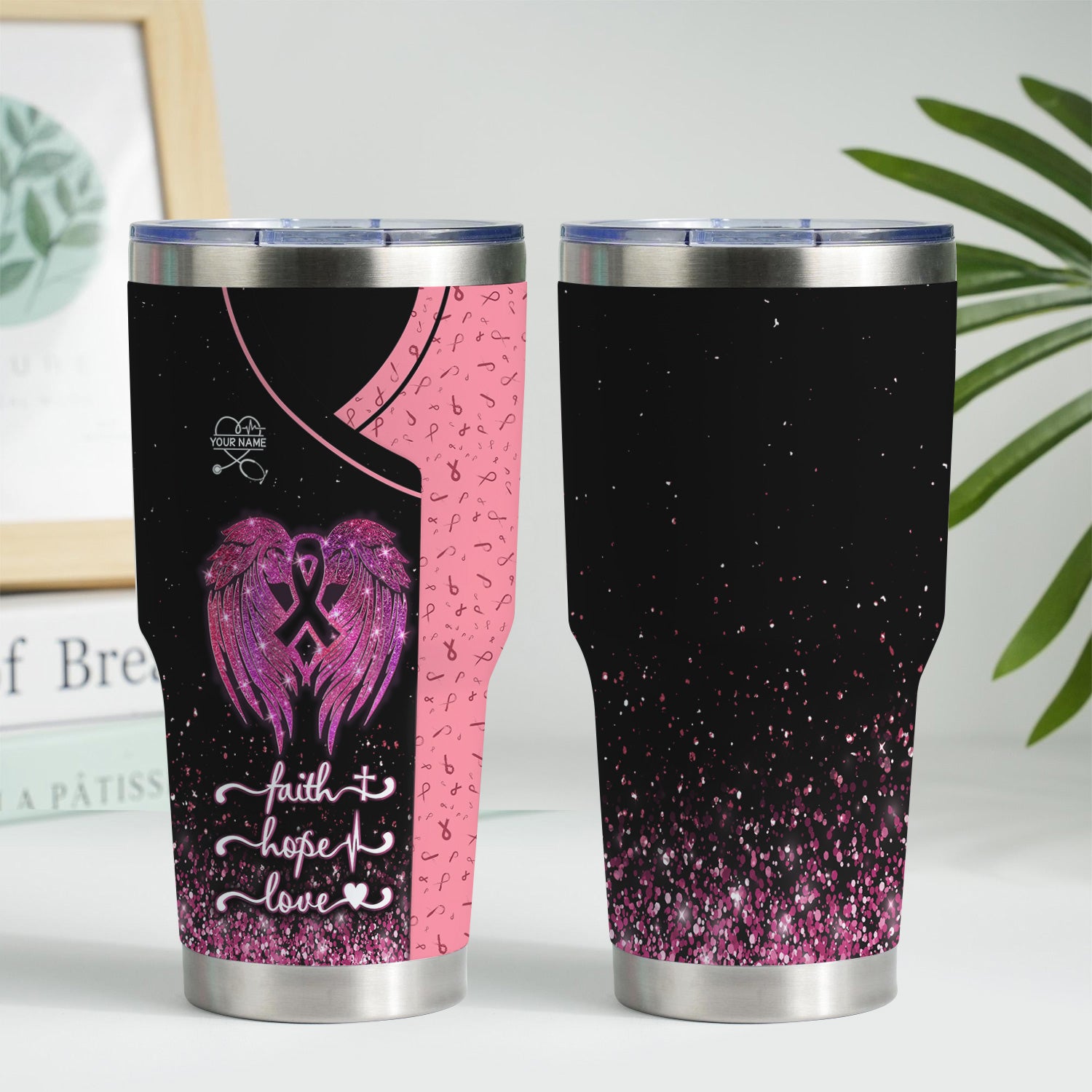Custom Breast Cancer Awareness Tumbler - Faith Hope Love & Angel Wings - Gift for RN LPN CNA Women