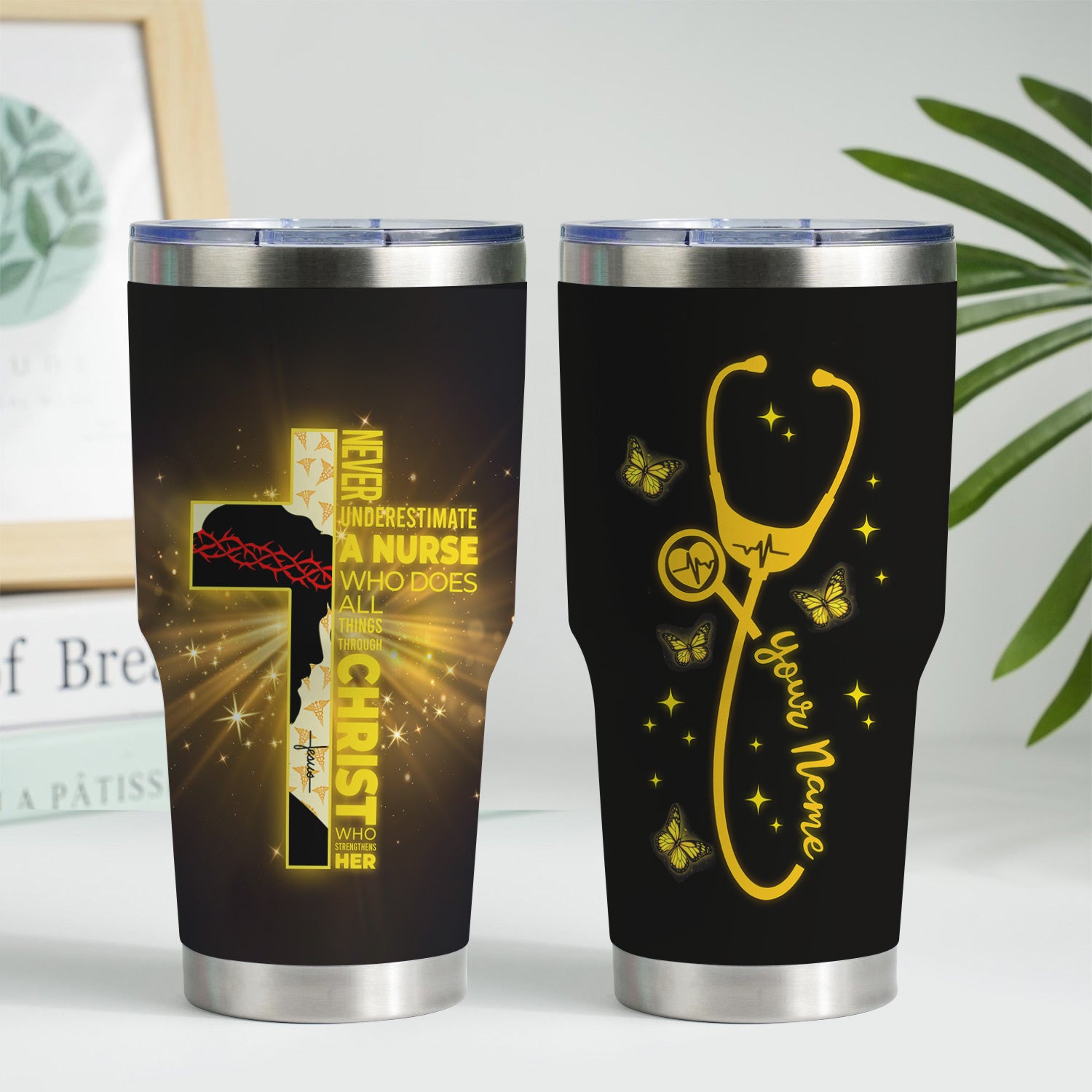 Personalized Christian Nurse Tumbler - Jesus Cross & Stethoscope with Butterflies - Custom Name Gift for Women RN LPN