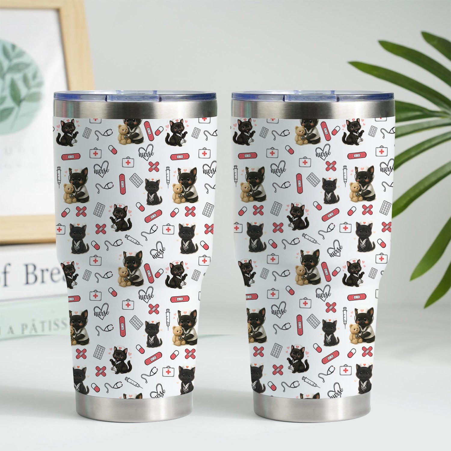 Funny Cat Lover Nurse Tumbler - Personalized RN CNA LPN Gift - Cute Medical Pattern with Black Kittens