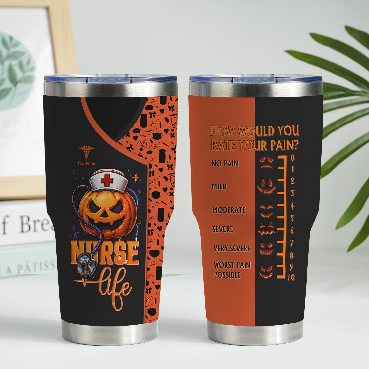 Custom Halloween Nurse Tumbler - Funny Pumpkin Pain Scale Medical Design - Gift for RN, CNA, LPN Healthcare Worker