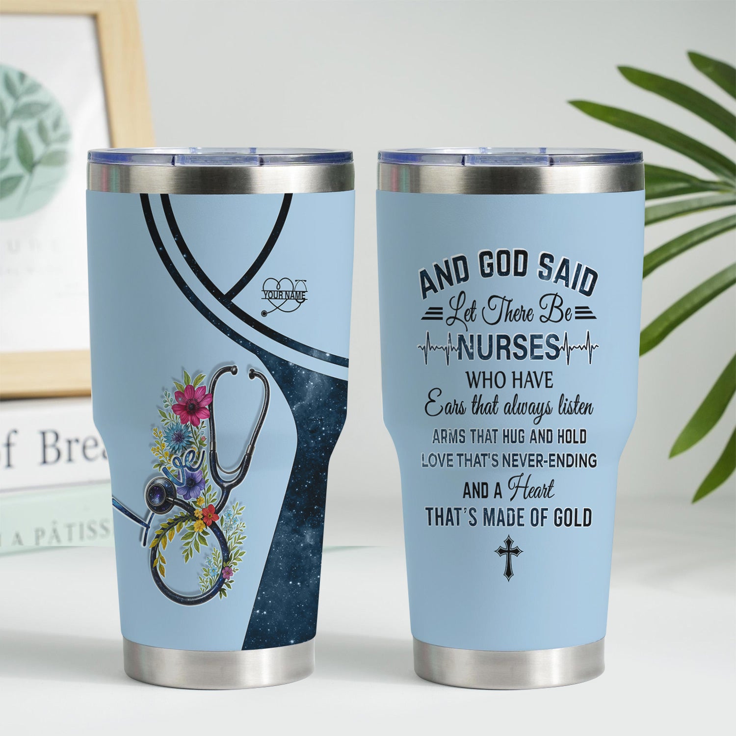 Personalized Nurse Tumbler with Floral Stethoscope Design - Let There Be Nurses Bible Verse - Custom Gift for RN, CNA, LPN & Healthcare Workers